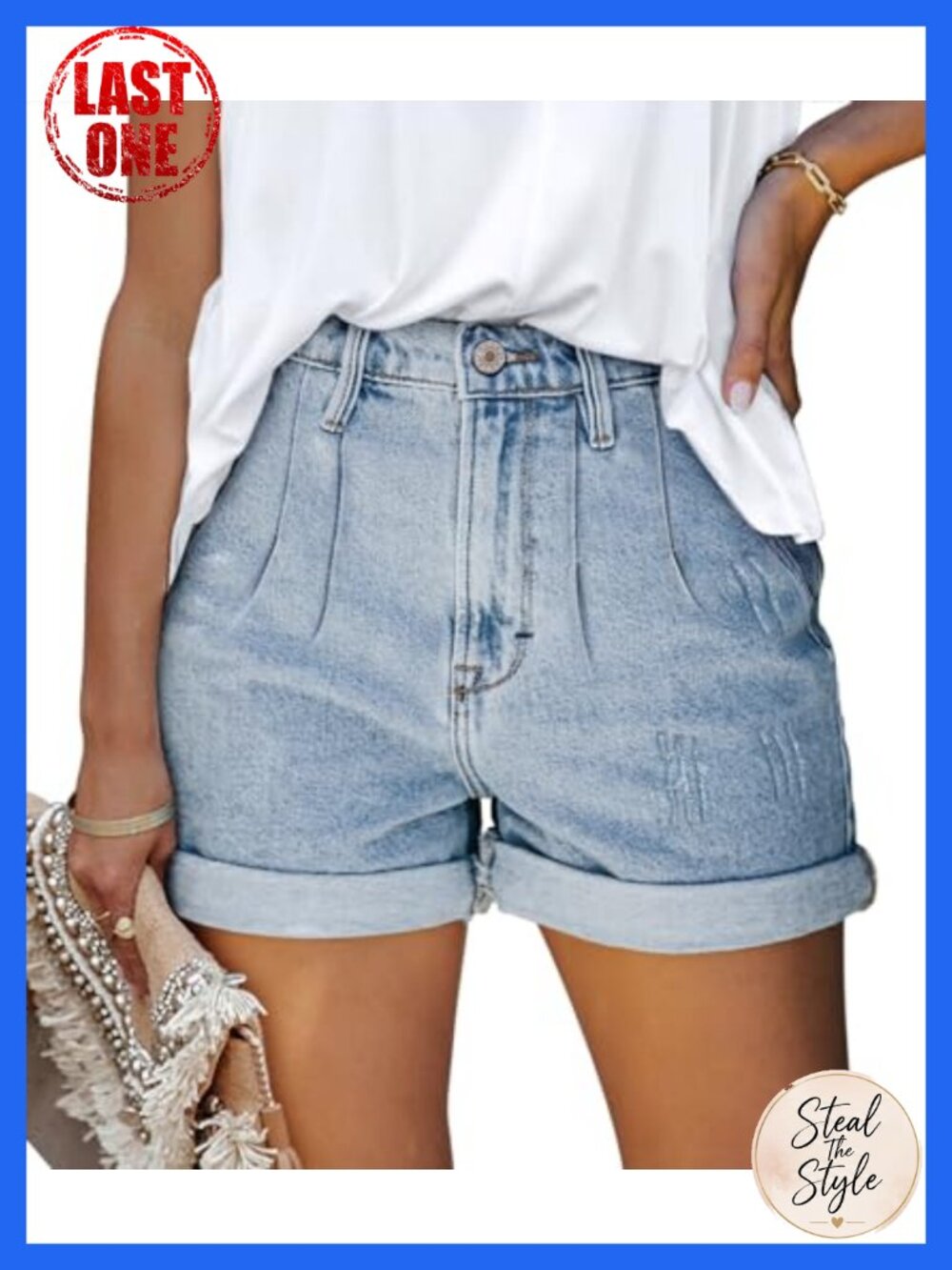 Stretch Distressed Denim Shorts High Waist with 5 Pockets